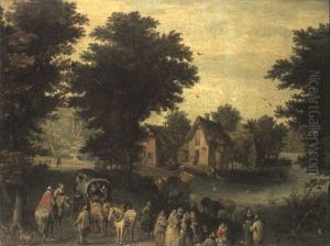 A Woodland River Landscape Travellers In A Covered Waggon A Woodland River Landscape Travellers In A Covered Waggon