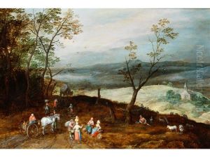 Weite Hugelige Landschaft Mit Rast Auf Der Landstrase by Jan Brueghel the Younger