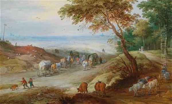 An Extensive Hilly Landscape With Travellers On A Path And Cattle In The Foreground - view 1