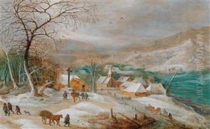 A Winter Landscape With Travellers On A Path And A Town Beyond