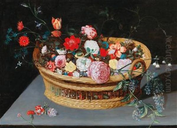 A Basket With Spring Flowers On A Stone Table - view 1