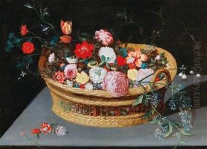 A Basket With Spring Flowers On A Stone Table