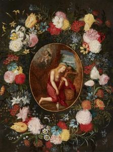 The Penitent Mary Magdalene Within A Floral Garland by Jan Brueghel the Younger