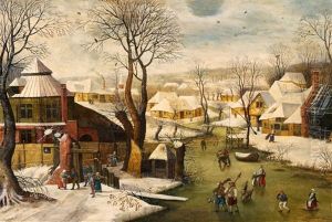 Winter Village Landscape With "the Swan" Tavern