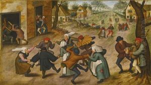 A Village Street With Peasants Dancing
