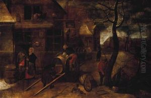 Figures Drawing Wine From A Barrel Outside The Swan Inn