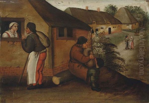 A Bagpipe Player And A Wayfarer In A Village - view 1