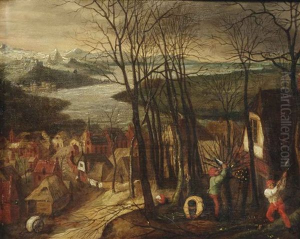 An Extensive River Landscape With Figures Chopping Wood, A Village In The Background - view 1