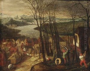An Extensive River Landscape With Figures Chopping Wood, A Village In The Background by Pieter Brueghel the Younger