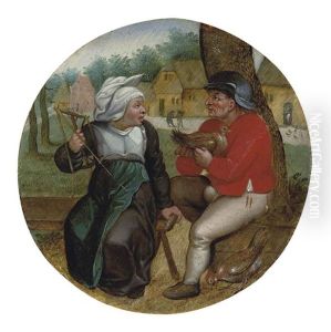 A Peasant Holding A Hen And A Peasant Woman Holding A Spindle by Pieter Brueghel the Younger