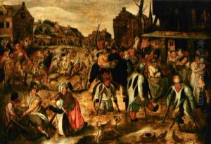 Scene De Marche Dans Un Village Flamand by Pieter Brueghel the Younger