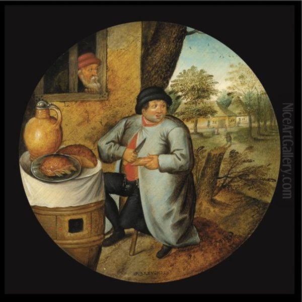 A Flemish Proverb: The Man Who Cuts Wood And Meat With The Same Knife Or A Man Eating Seated At A Barrel Which Has Been Set As A Table - view 1