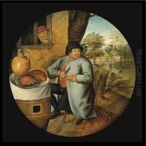 A Flemish Proverb: The Man Who Cuts Wood And Meat With The Same Knife Or A Man Eating Seated At A Barrel Which Has Been Set As A Table by Pieter Brueghel the Younger