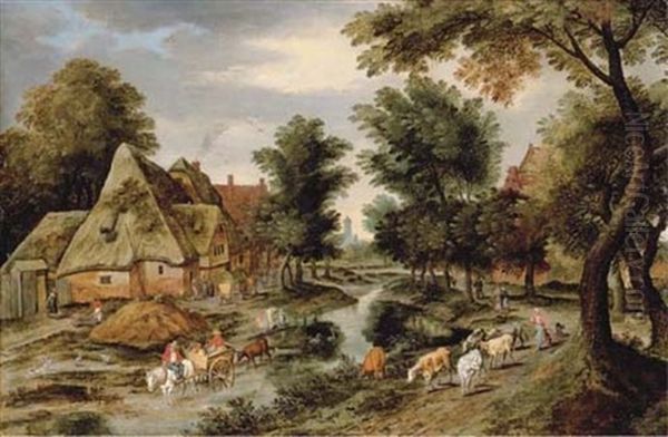 A Wooded Village Landscape With A Herdswoman On A Path And A Horse And Cart Crossing A River - view 1