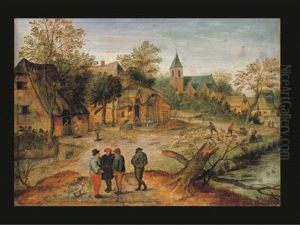 A Village Landscape With Farmers Conversing In The Foreground by Pieter Brueghel the Younger