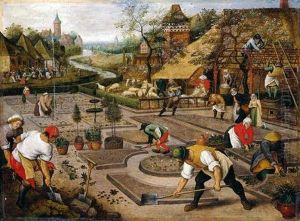 Spring: Gardeners Digging And Planting A Formal Garden