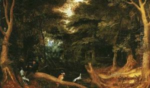 A Forest Landscape With Hunters And Dogs by Pieter Brueghel the Younger