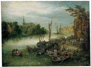 A View Of A River Quayside, A Church In The Distance