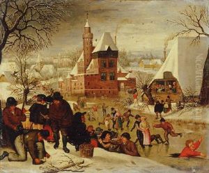 A Winter Landscape With Peasants Skating And Playing Kolf On A Frozen River, A Town Beyond by Pieter Brueghel the Younger