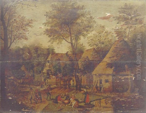 A Wooded Landscape With Peasants In A Village - view 1