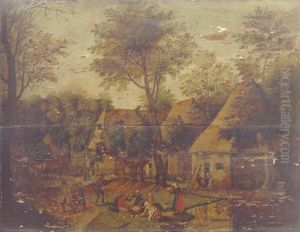 A Wooded Landscape With Peasants In A Village