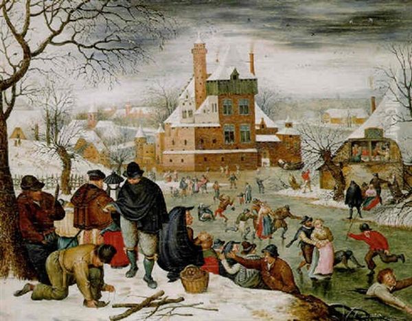 A Winter Landscape With Peasants Skating And Playing Kolf On A Frozen River, A Town Beyond - view 1