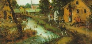 Flamisches Dorf An Einem Flus Mit Bauern, Einem Reiter Und Dessen Gehilfen Auf Der Falkenjagd by Pieter Brueghel the Younger