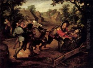 Peasants Fighting Beside An Overturned Bench And Scattered Playing Cards by Pieter Brueghel the Younger