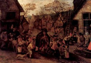 A Hurdy-gurdy Player Surrounded By A Crowd Of Children On A Village Street by Pieter Brueghel the Younger