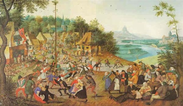 Village Scene With Peasants Carousing And Dancing Around A Maypole by Pieter Brueghel the Younger