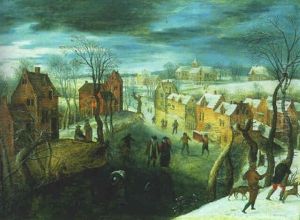 A Village In Winter With Skaters On A Frozen River, Hunters In The Foreground by Pieter Brueghel the Younger