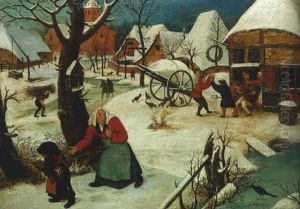 A Village In Winter With A Peasant Woman And Child By A Frozen Pond And Men Brawling Outside A Tavern by Pieter Brueghel the Younger