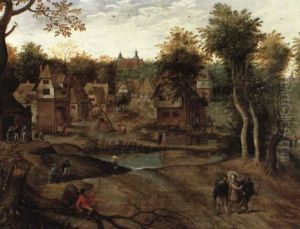 Christ On The Road To Emmaus, A Village Scene Beyond by Pieter Brueghel the Younger