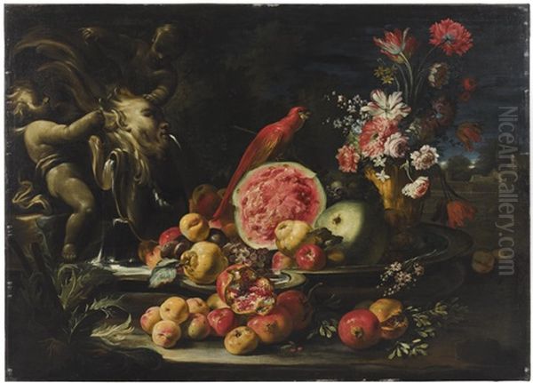 Still Life With A Red Parrot And Fruit - view 1