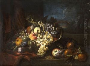 Bodegon Con Uvas Y Frutas Sobre Un Paisaje.