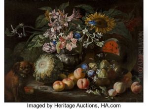 A Still Life Of Fruit And Flowers In A Footed Gadrooned Silver Vase With A Spaniel Looking On by Abraham Brueghel