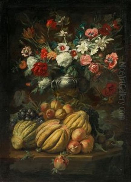 Flowers In A Vase And Fruit On A Table - view 1