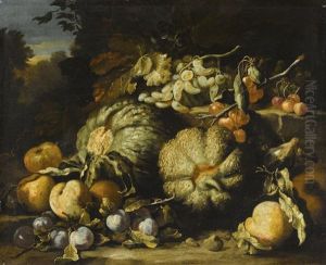 Still Life Of Melons, Peaches And Grapes On A Forest Floor by Abraham Brueghel