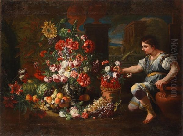 A Young Man Beside An Earthenware Jar Of Wild Strawberries Alongside A Silver-gilt Urn Filled With Flowers - view 1