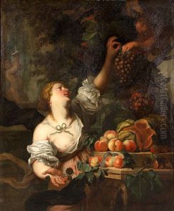 A Still Life Of Peaches And Melons On A Stone Ledge With A Lady Holding A Bunch Of Grapes