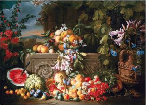 A Still Life Of A Watermelon, Cherries, Peaches, Apricots, Plums, Pomegranates And Figs, With Lilies, Roses, Morning Glory And Other Flowers On An Acanthus Stone Relief