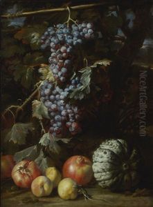 Still Life Of A Bunch Of Grapes Hanging From A Twig, Pomegranates, Peaches, A Melon And A Salamander, All In A Landscape