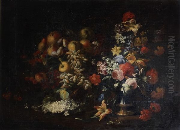 Pomegranates, Apples, Grapes, Plums And Fruit, With Poppies, Roses, Tulips And Other Flowers In A Bronze-mounted Urn - view 1