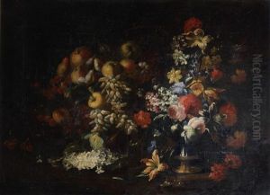 Pomegranates, Apples, Grapes, Plums And Fruit, With Poppies, Roses, Tulips And Other Flowers In A Bronze-mounted Urn by Abraham Brueghel