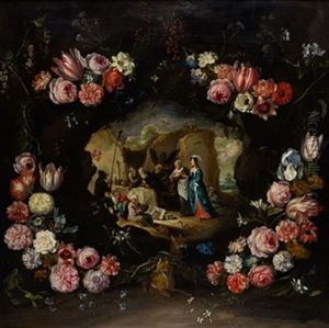 Las Tentaciones De San Antonio En Orla De Flores by Abraham Brueghel