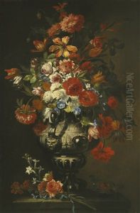 A Still Life Of Roses, Chrysanthemums And Tulips In An Ornate Silver Vase On A Stone Pedestal