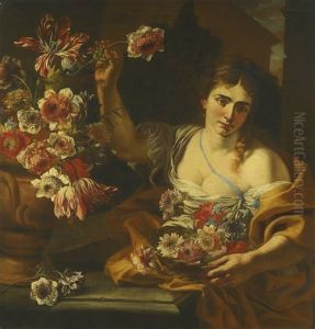 A Young Woman Arranging Flowers In A Basket, With A Floral Still Life In A Terracotta Urn by Abraham Brueghel