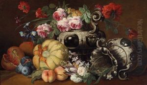 Ein Blumen- Und Obststillleben Mit Zwei Barocken Prunkvasen