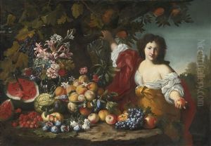 Still Life Of Fruits And Flowers With A Figure by Abraham Brueghel