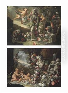 Putti Surrounding The Farnese Hercules With Garlands Of Flowers, Beside A Fountain; Putti Lying Beside A Classical Fountain With Garlands... (pair) by Abraham Brueghel